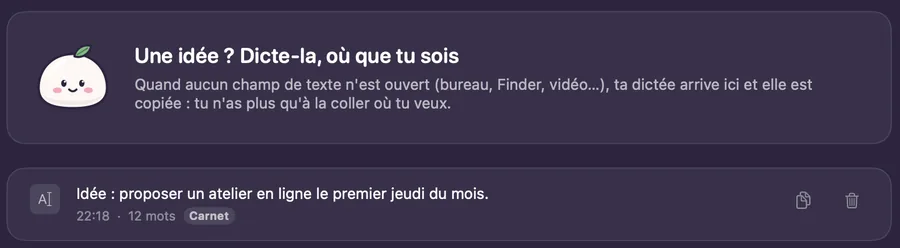 Carnet de VoiceMochi : une idée dictée, rangée avec l'heure et le nombre de mots.