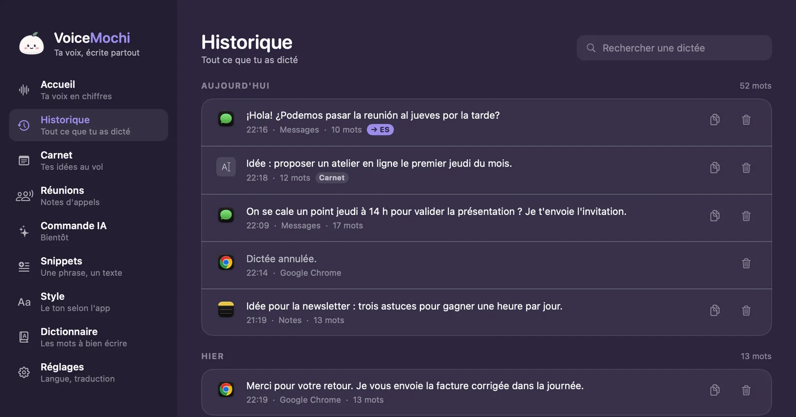 Historique de VoiceMochi : les dictées du jour avec l'app utilisée, l'heure et le nombre de mots, dont une traduite en espagnol et une notée dans le carnet.