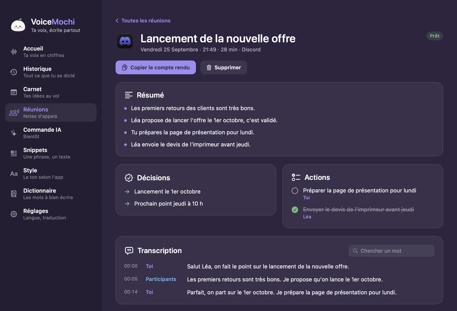 Compte rendu d'une réunion Discord dans VoiceMochi : résumé, décisions, actions à cocher et transcription séparant Toi et Participants.