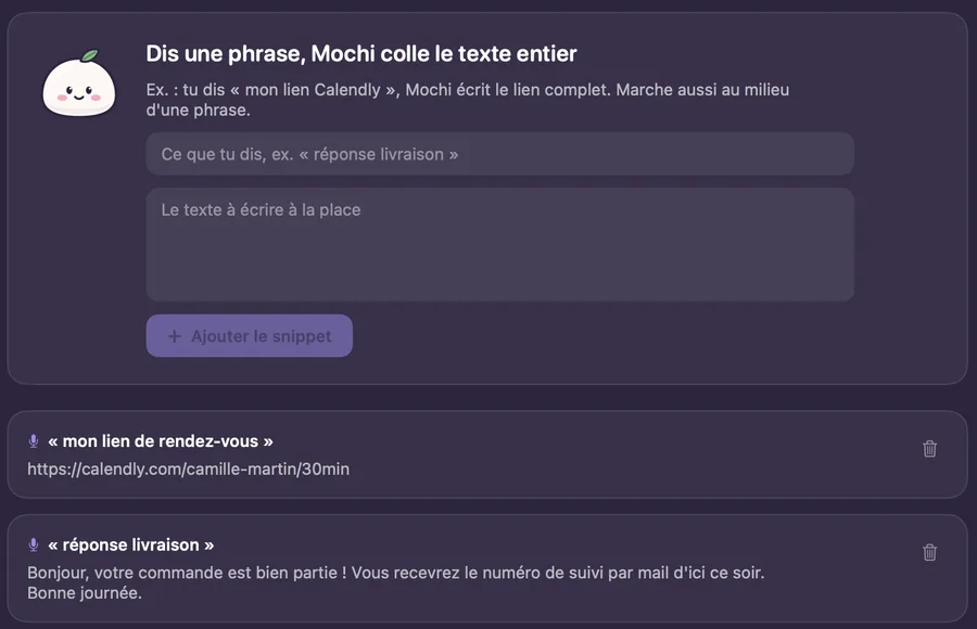 Snippets de VoiceMochi : « mon lien de rendez-vous » et « réponse livraison » remplacés par leur texte complet.